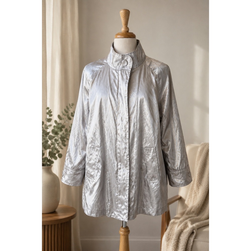 Metallic Silver Shimmer Jacket Women's 2X Lightweight Zip Front Plus Size Coat